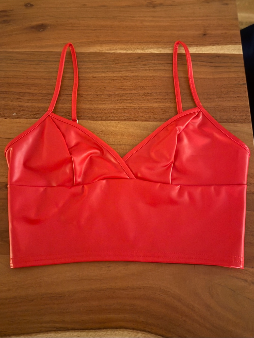 Le Lis Red Satin-Style Longline faux leather top
